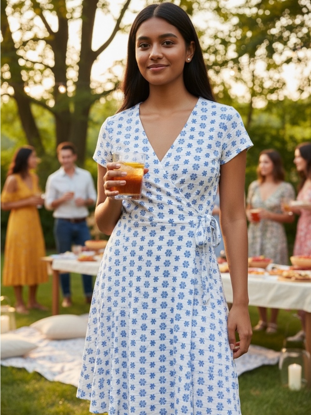 Mi Ami Francesca’s White Blue Floral Faux Wrap Dress S